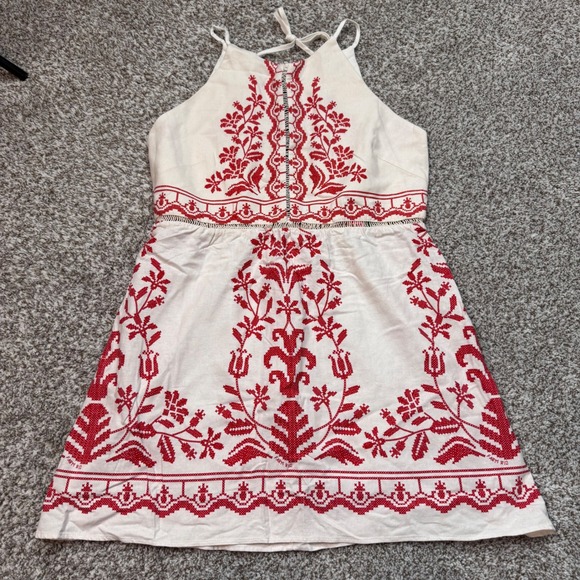 Farm Rio XL White Red Floral Halter Dress Boho Festival Summer Mini Crochet - Picture 2 of 11